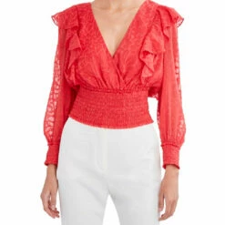 Budget ❤️ BCBGMAXAZRIA 👩 Womens Ruffled V-Neck Blouse 👍