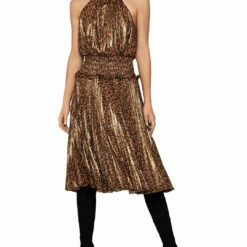 Hot Sale ⌛ BCBGMAXAZRIA 👩 Womens Metallic Animal Print Midi 👗 Dress 🔔