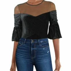 Buy 😀 BCBGMAXAZRIA 👩 Womens Velvet Sheer Top Bodysuit 🎉