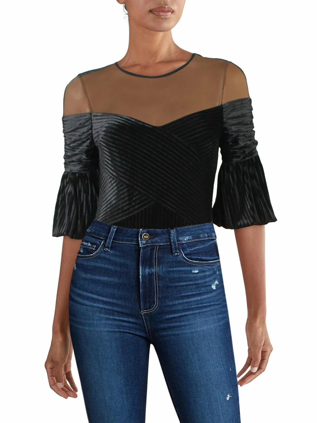 Buy 😀 BCBGMAXAZRIA 👩 Womens Velvet Sheer Top Bodysuit 🎉 3 Buy 😀 BCBGMAXAZRIA 👩 Womens Velvet Sheer Top Bodysuit 🎉