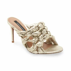 Discount 🧨 BCBGMaxazria DORI PLATINO KNOTTED LEATHER 🩴 SANDAL HEEL for 👩 women 🧨