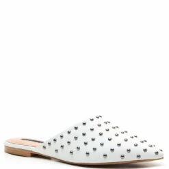 Best Sale 😉 BCBGMaxazria PALINO OPTIC WHITE LEATHER STUDDED FLAT MULE for 👩 women 😀