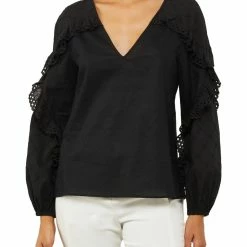 Buy 😍 BCBGMAXAZRIA 👩 Womens Linen Blend V-Neck Blouse 🔥
