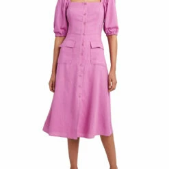 Best Sale 🧨 BCBGMAXAZRIA 👩 Womens Linen Blend Puff Sleeves Shift 👗 Dress ❤️