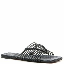 Best Pirce ✔️ BCBGMaxazria RYONI BLACK LEATHER MULTI-STRAP FLAT 🩴 SANDAL for 👩 women ⭐
