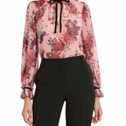 New 🧨 BCBGMAXAZRIA 👩 Womens Ruffled Floral Blouse 🔔