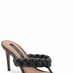 Outlet 😀 BCBGMaxazria BELLA BLACK LEATHER BRAIDED 🩴 SANDAL HEEL for 👩 women 🥰